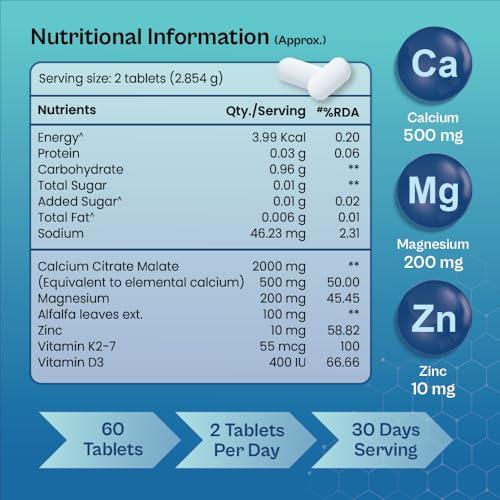 TATA 1MG TATA 1mg Calcium & Vitamin D3 supplement with Zinc, Magnesium & Alfalfa | High absorption Calcium Citrate Maleate form | 500mg Calcium & 400iu Vitamin D3 | For strong bones & joints | 60 tablets