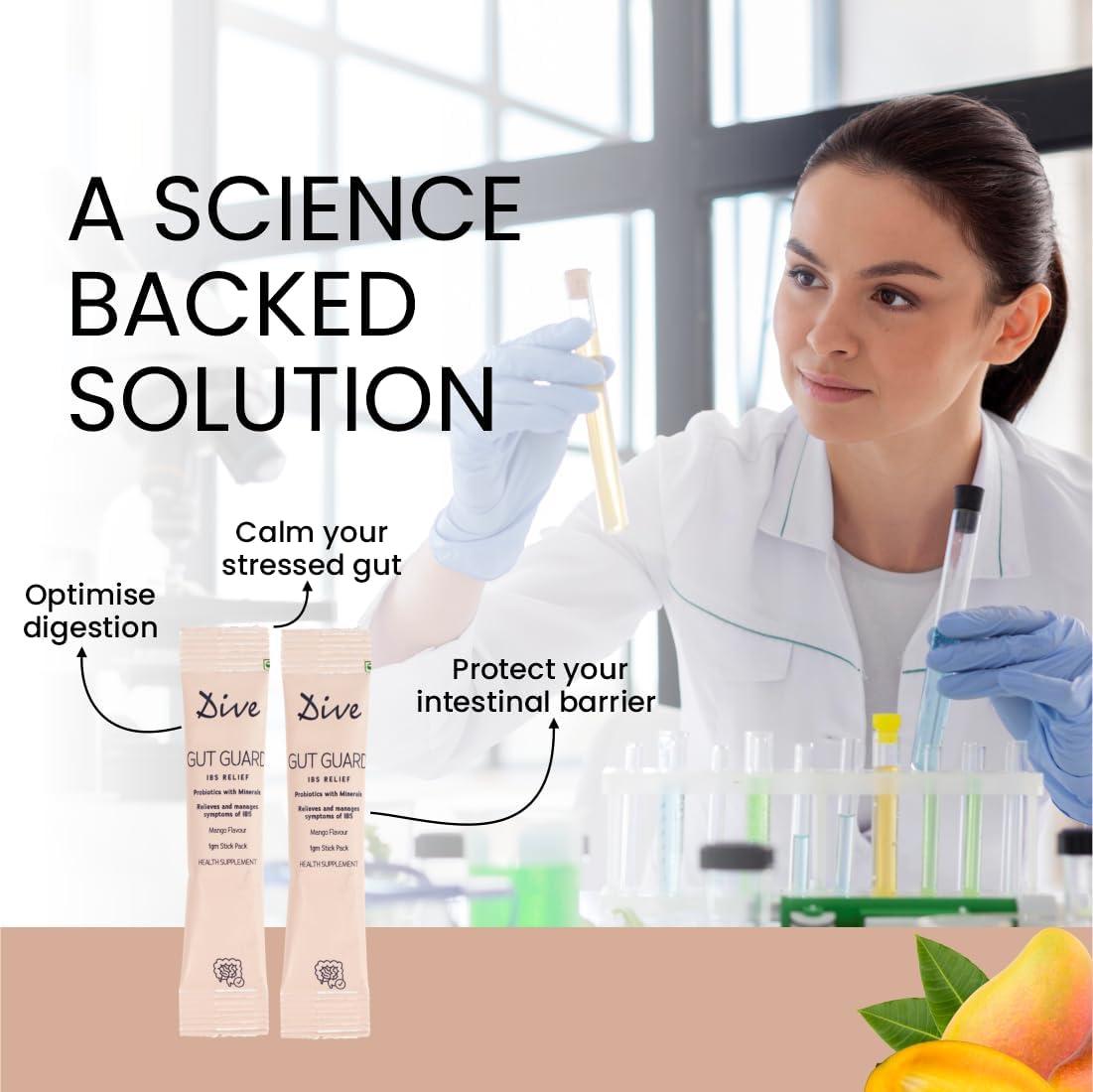 DIVE DIVE Gut Guard IBS Relief Probiotics, Constipation & Irritable Bowel Syndrome, Prevent Loose Stools, Diarrhoea, Upset Stomach, 7 billion CFU Clinically Proven Strains| Sugar Free 30 Days Pack