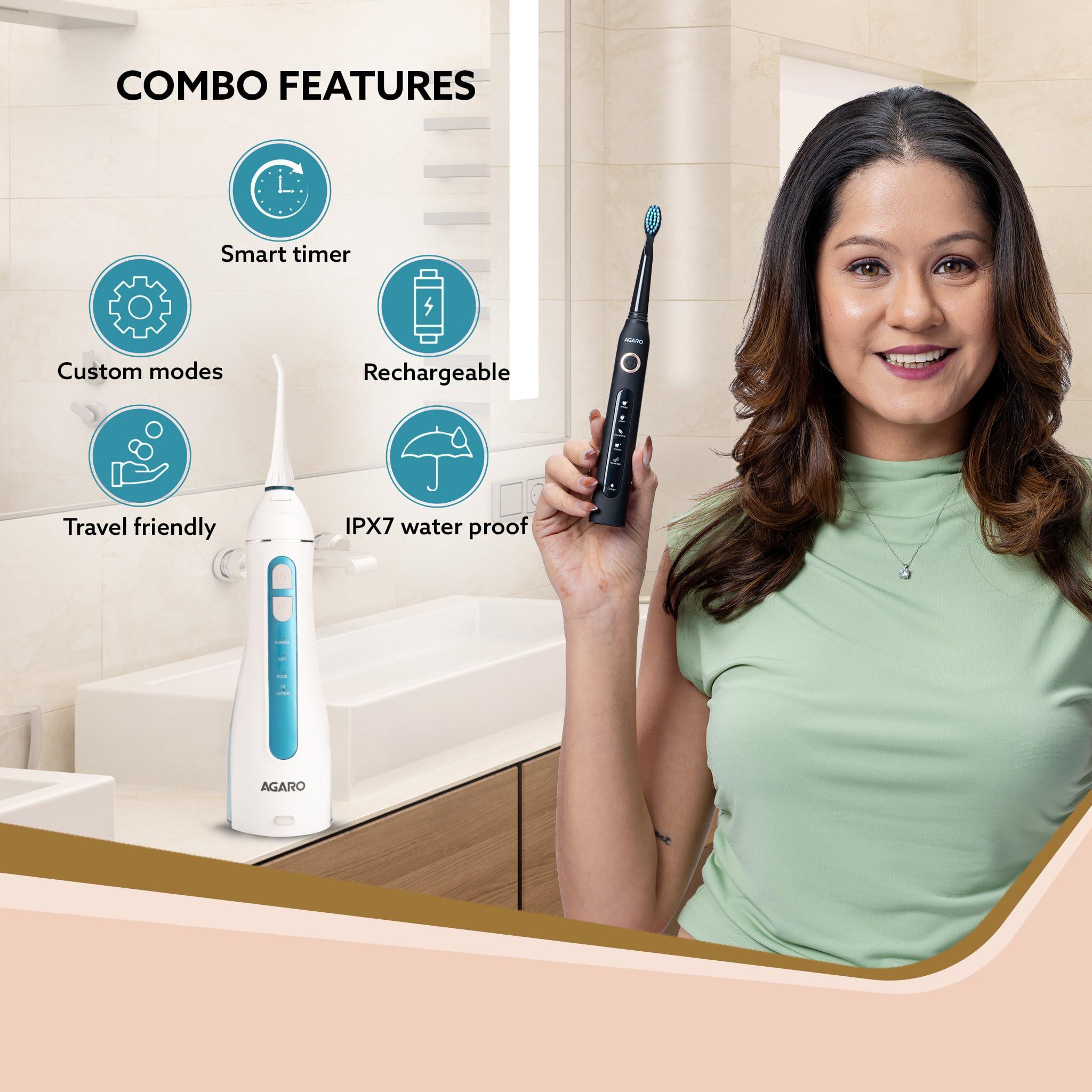 AGARO AGARO Cosmic Plus Sonic Tooth Brush Black & Ultra Portable Oral Irigator 200 ML White & Blue, Combo