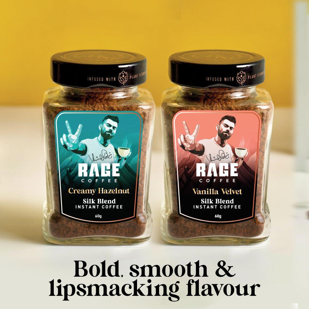 RAGE COFFEE Rage Coffee Silk Blend Instant Coffee | Creamy Hazelnut & Vanilla Velvet Silk Blend Flavoured Coffee 60 GMs Each | 100% Pure Instant Coffee | Premium, Bold & Smooth | Pack of 2