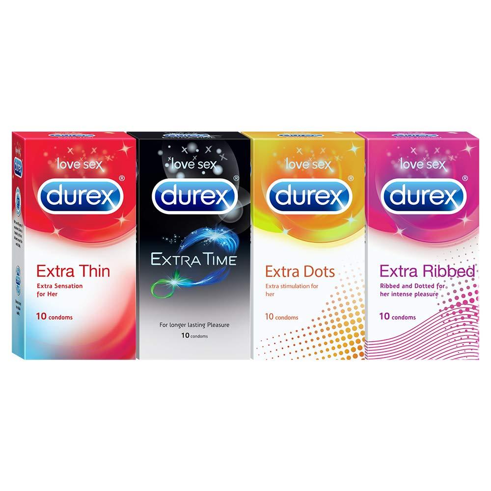 Durex Durex Pleasure Packs - 10 Count (Pack of 4, Extra Thin, Extra Time, Extra Dots, Extra Ribbed) & Durex Mutual Climax Condoms - 10 Count