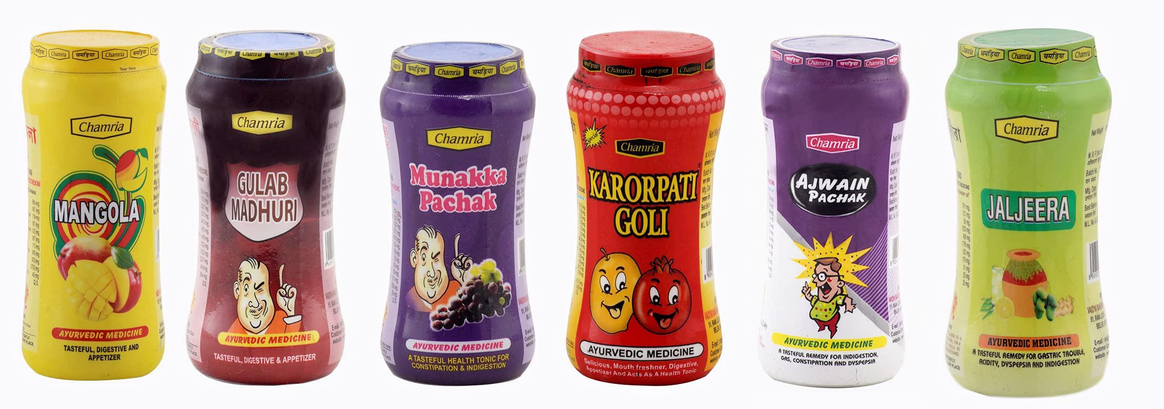 Chamria CHAMRIA ASSORTED SAMPLER TRIAL PACK OF 6 PCS (575 GMS) CHAMRIA KARORPATI GOLI, MUNAKKA PACHAK, JALJEERA, MANGOLA, AJWAIN PACHAK & GULAB MADHURI