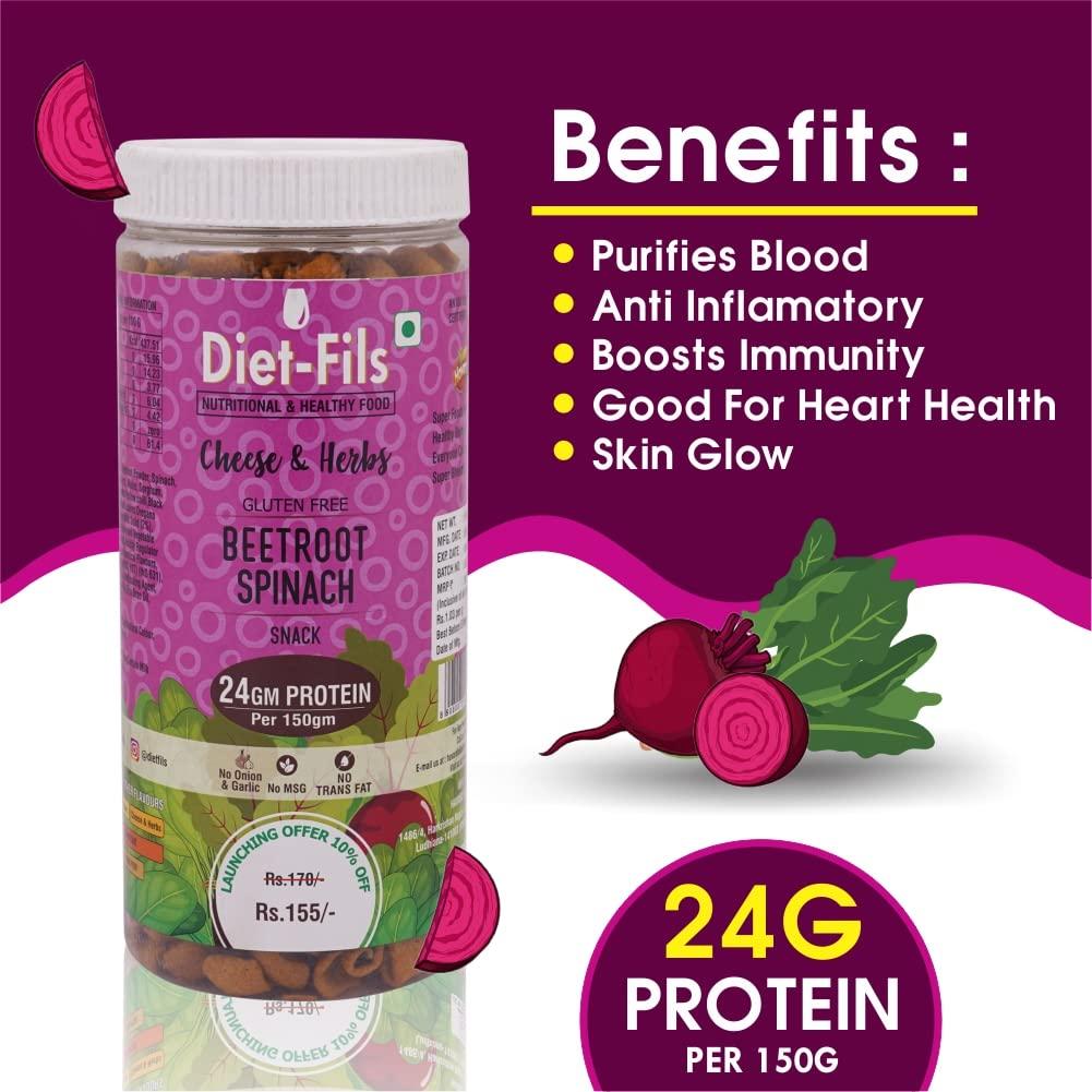 Diet-Fils Diet-Fils Beetroot Spinach Snack Enriched with Pea Protein Cheese & Herbs Combo | Gluten Free | 24G Protein Per Pack | ZERO Transfat | Healthy Roasted Tasty Snacks | Combo 150 gm x 3