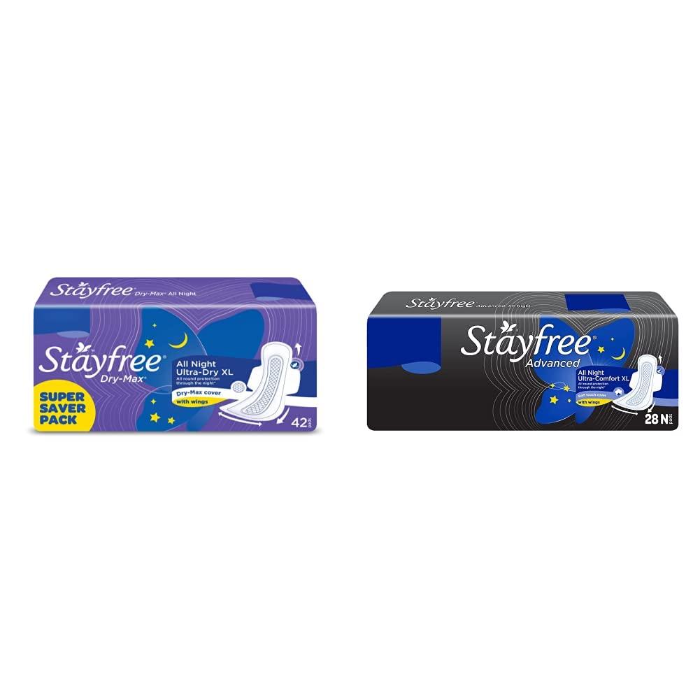 Stayfree Stayfree All Night XL Dry Max Cover Sanitary Napkins - 42 Pads (Super Saver Pack) & Stayfree Advanced XL All Night Sanitary napkins (28 Count)