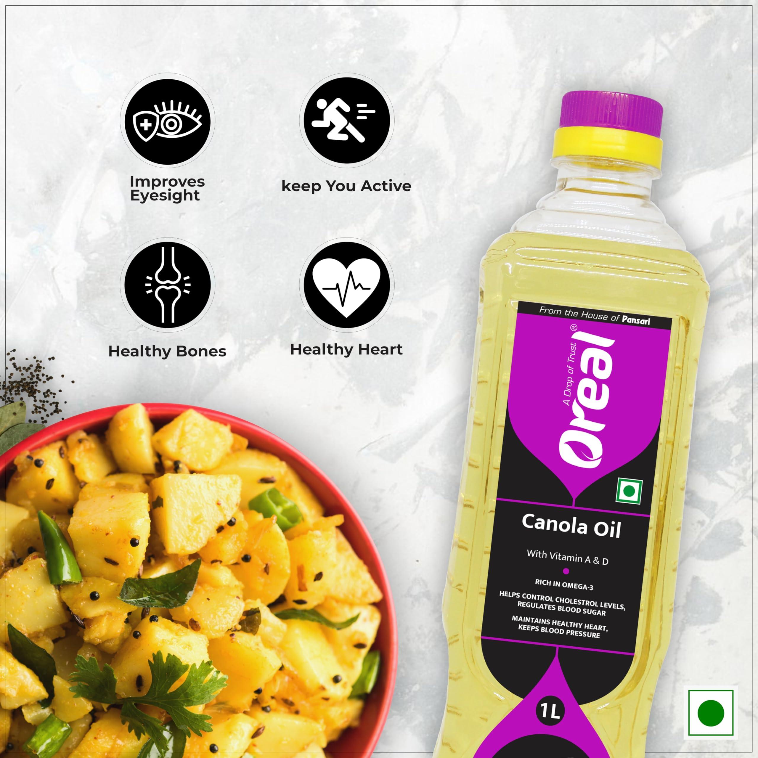Oreal Oreal Premium Pure Canola Oil, 1 Litre for Cooking | Natural | Chemical-Free | Healthiest Cooking Oil | Rich in Omega-3 and Omega-6 | Improve in Metabolisms & Keeps Active | Preservative Free Suitable for all Ages