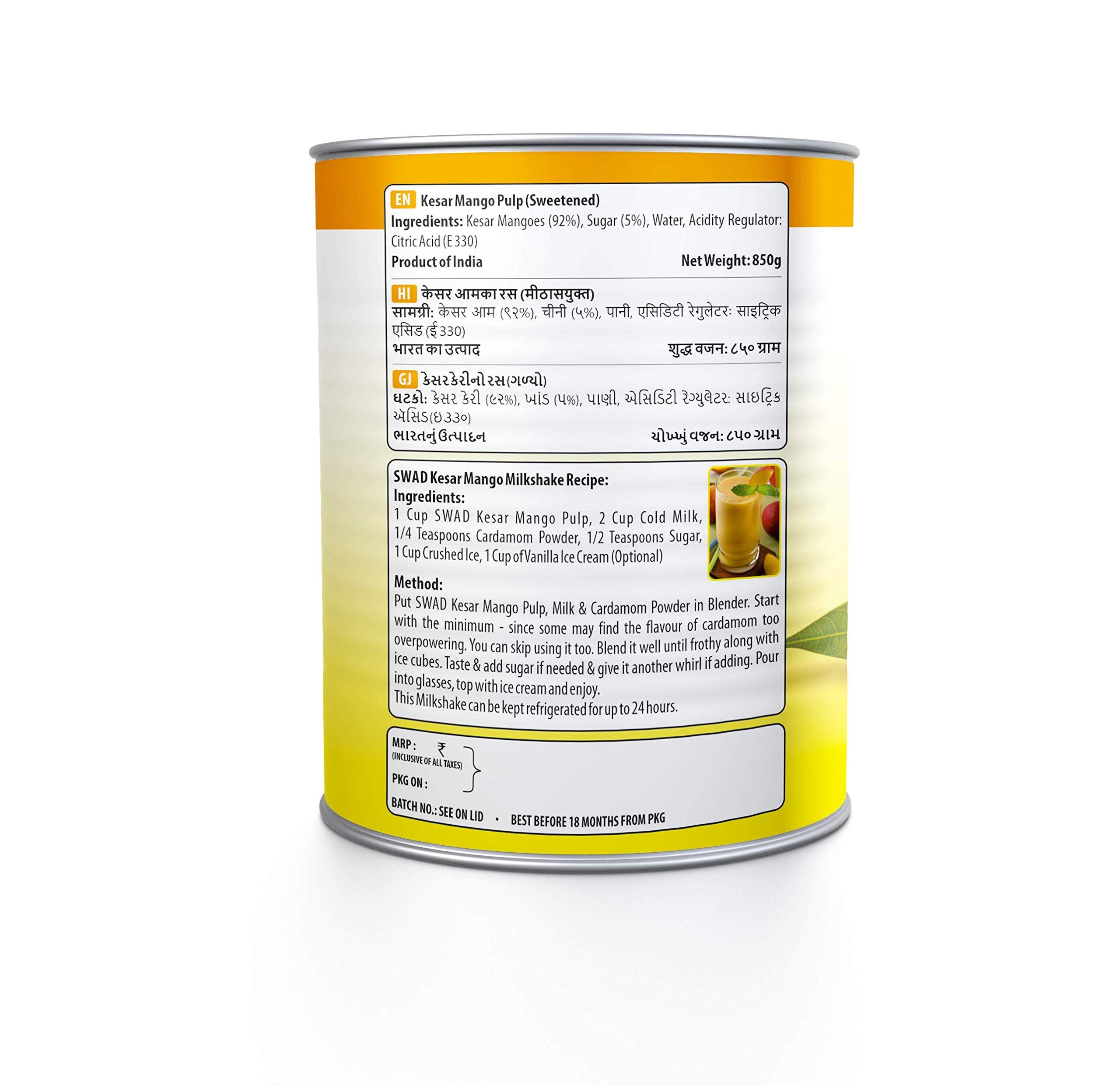 SWAD SWAD Kesar Pure Mango Pulp/Aamras Tin with No Added Preservative Sweetened - 850 Grams Pack of 3