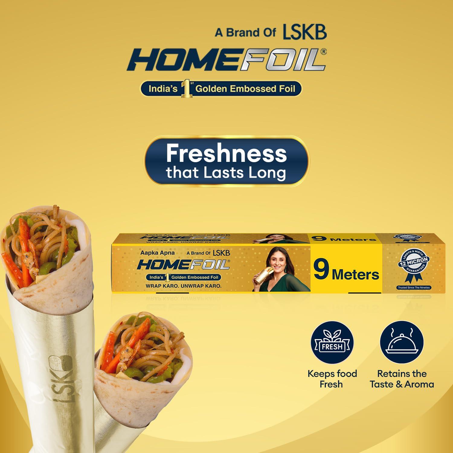 Homefoil HOMEFOIL 9 Meter Golden Embossed Aluminium Foil | 12 Micron Thickness | Premium Quality | Keeps Food Fresh Always | Perfect for Food Wrapping, Packing, Storing and Serving (Pack of 1)
