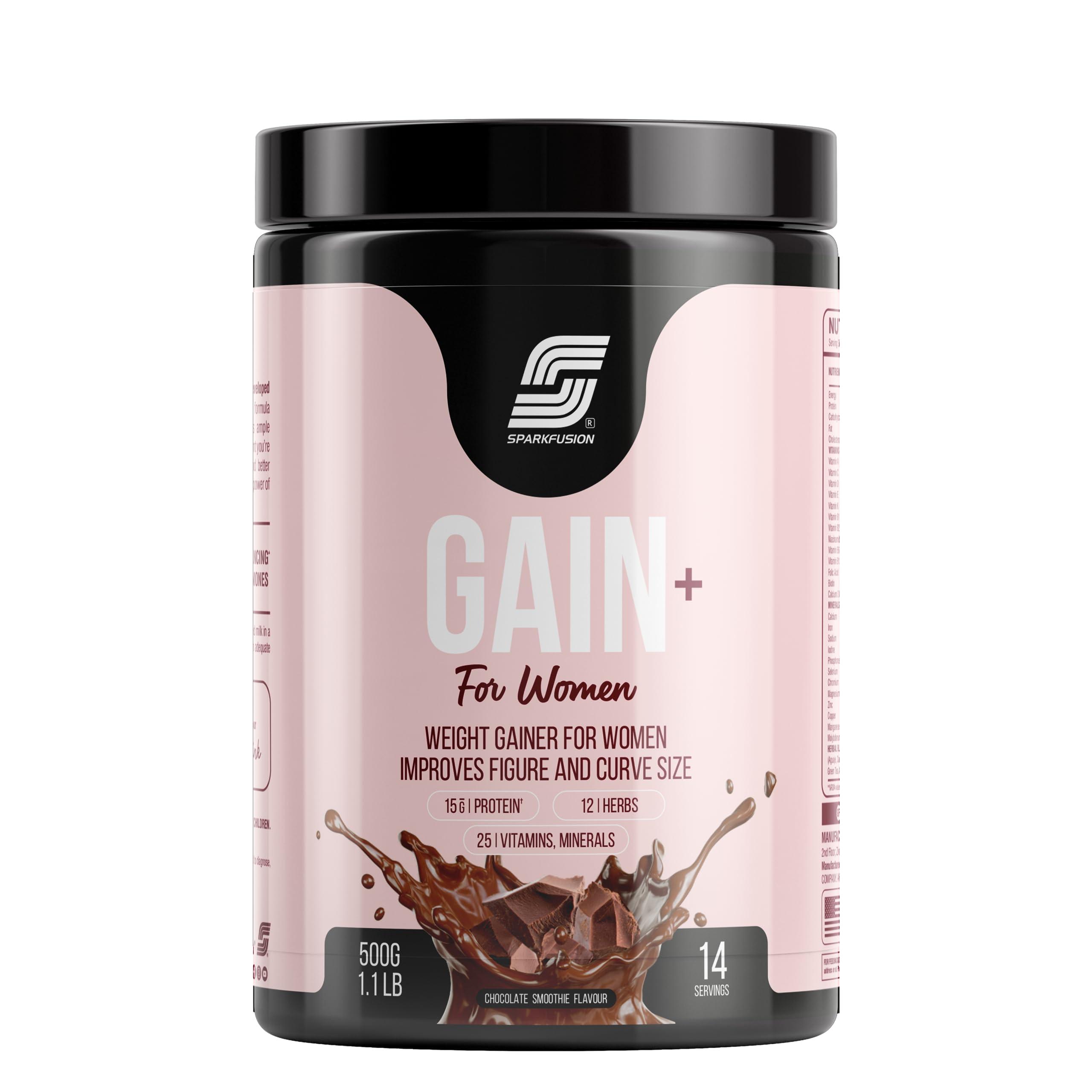Sparkfusion Sparkfuison Gain+ Women Weight Gainer | With Full Power 12 Herbs,Protein & Vitamins | For Improves Figure And Curve Size | Weight + Mass Gainer For Women Chocolate Smoothie flavour 500 gm