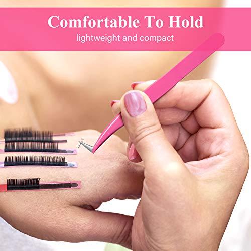 Mudder 3 Pieces Volume Tweezers Eyelash Extension Tweezers Curved Tip False Lash Tweezers Stainless Steel Precision Tweezers for Individual and 3D 6D Volume Eyelash Extension (Rose Red)
