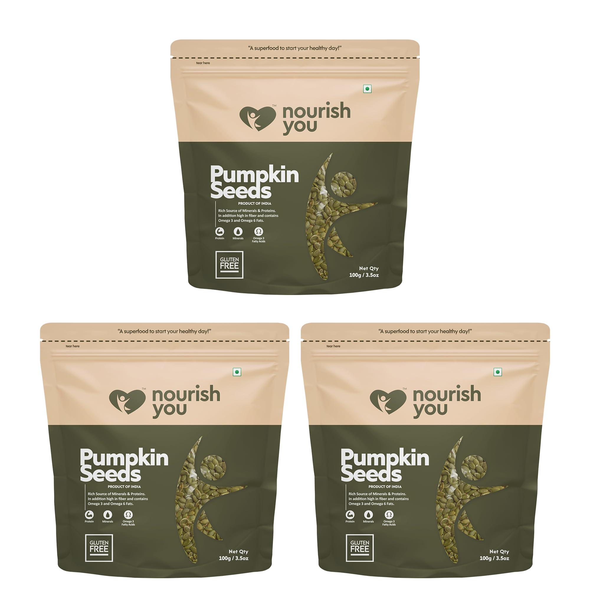 NOURISH YOU Nourish You Organic Pumpkin Seeds 100 gm (Each) | Raw Pumpkin Seeds Protein and Fiber Rich Superfood | Healthy Snack Immunity Booster (Pack of 3)