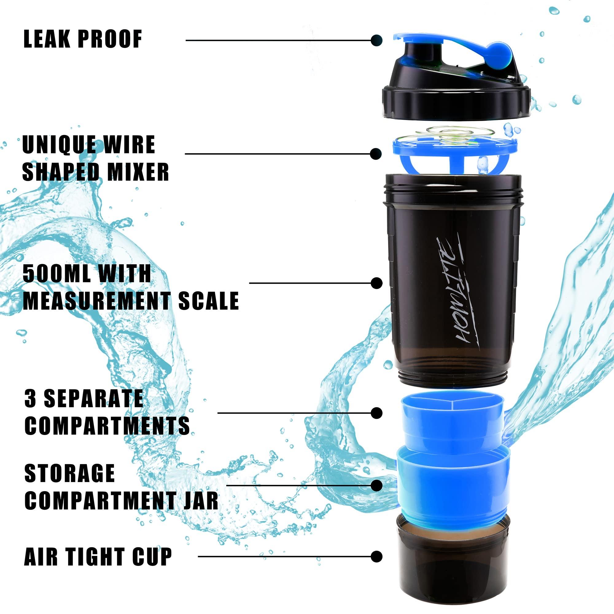 Homlite HOMLITE Protein Shaker Bottle Non-Slip 3 Layer Twist Off, Leak-Proof Blender Bottle with Supplement and Pill Storage Compartment (Blue)