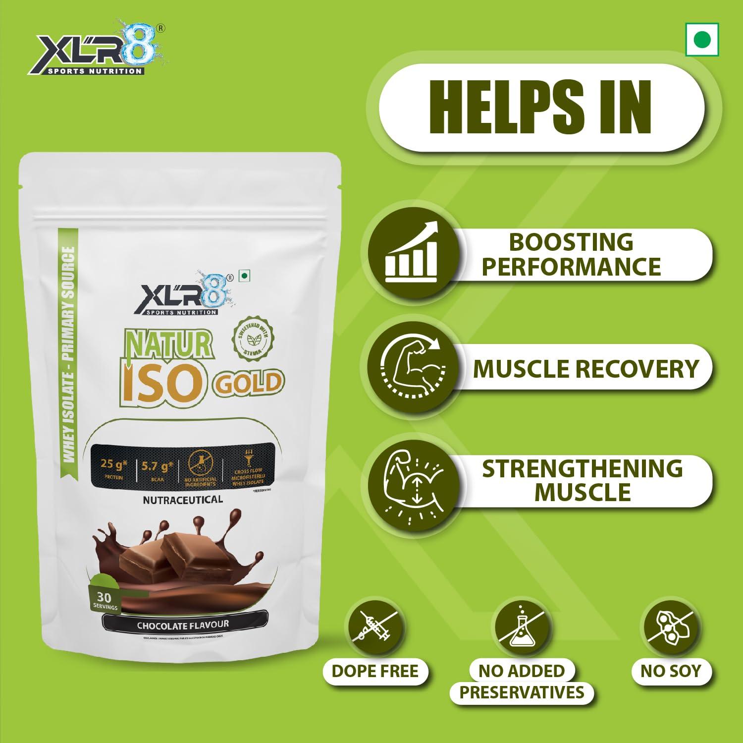 XLR8 XLR8 Natur Iso Gold Whey Protein Isolate, 25g Protein, 5.7g BCAA, Sweetened with Stevia, VEGETARIAN, ZERO SUGAR, Muscle Support and Recovery (1 Kg (Pack of 1), Chocolate)