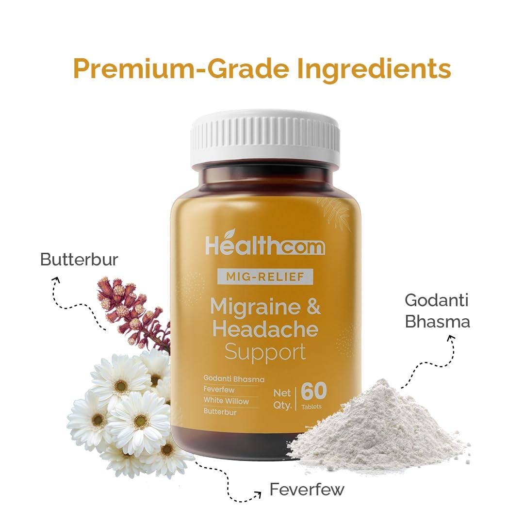 Healthcom Healthcom Herbal Ayurvedic MIG-RELIEF 60 Tablets Pack | Migraine & Headache Relieve Supplement Men & Women | Reduces Migraine, Non-Drowsy | For Optimal brain health | Helps in Reduces Frequency