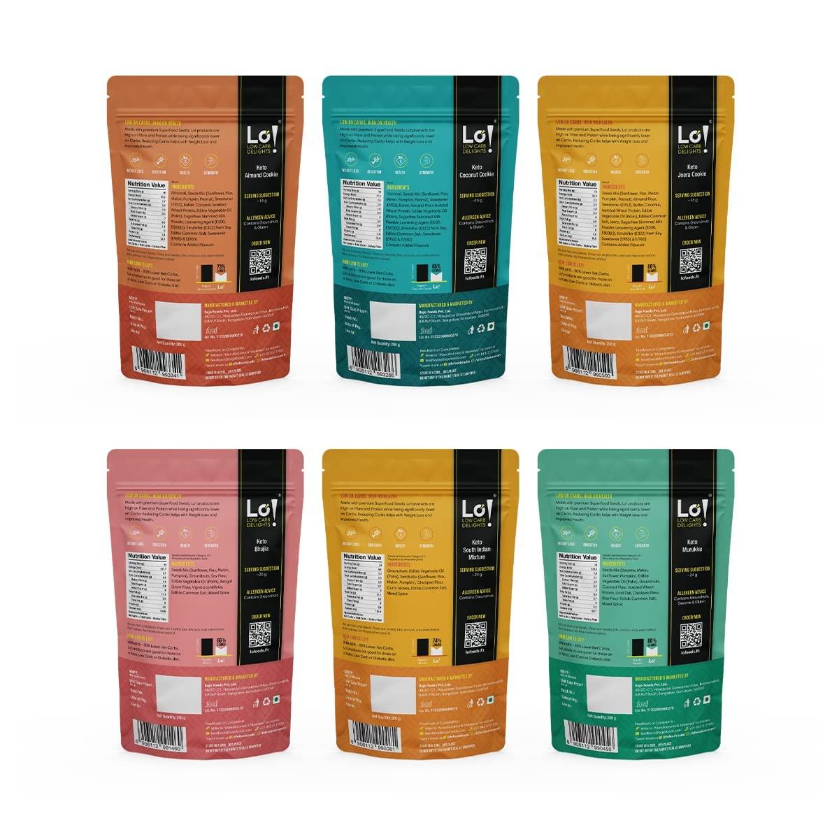 Lo! Low Carb Delights Lo! Foods - Keto Snacks Combo | Pack of 6 Delicious Keto Namkeen & Keto Cookies for Keto Diet | Superfood Low Carb Snack | Diet Snacks Food | Sugarfree Cookies - (100g x Pack of 6)