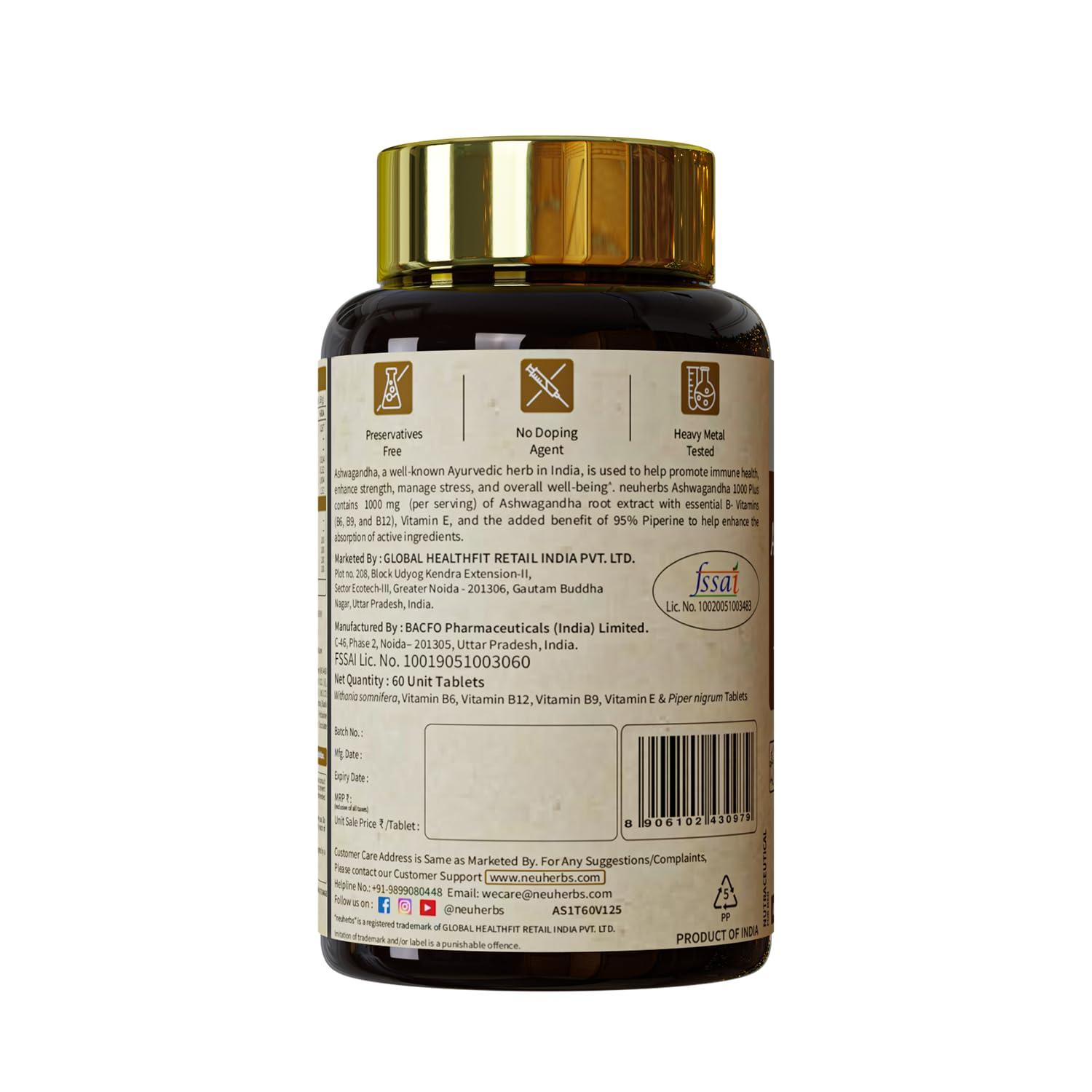 Neuherbs Neuherbs Ashwagandha 1000 Plus [Manage Anxiety & Stress Relief] Enhanced Absorption & Antioxidants Rich with vitamin E & B-complex for General wellness, Immunity Booster & Improve Vigour - 60 Tabs