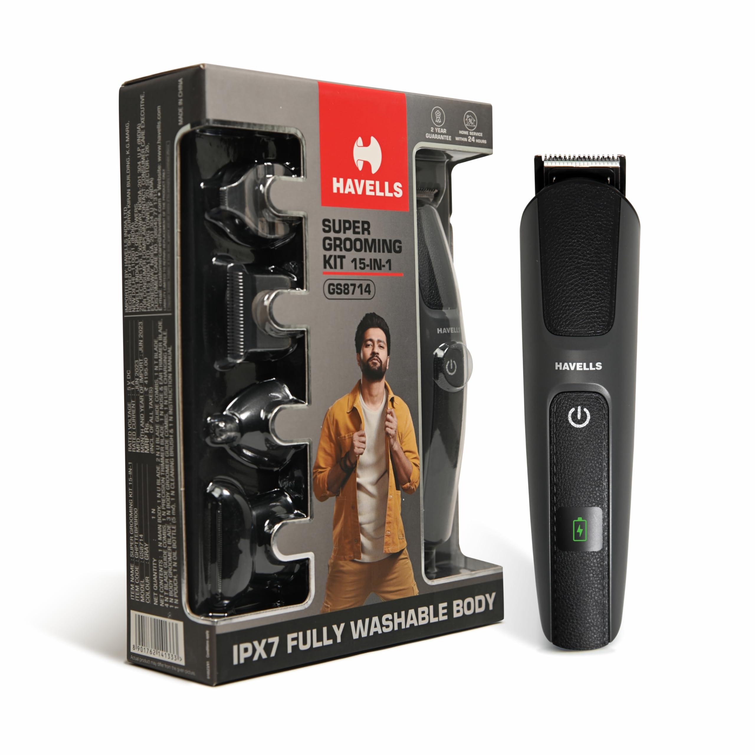 Havells Havells Super Grooming Kit Gs8714,15 In 1,Ipx7 Fully Washable,Full Body Groomer For Men,120 Min Of Run Time With Fast Charge,Corded Electric