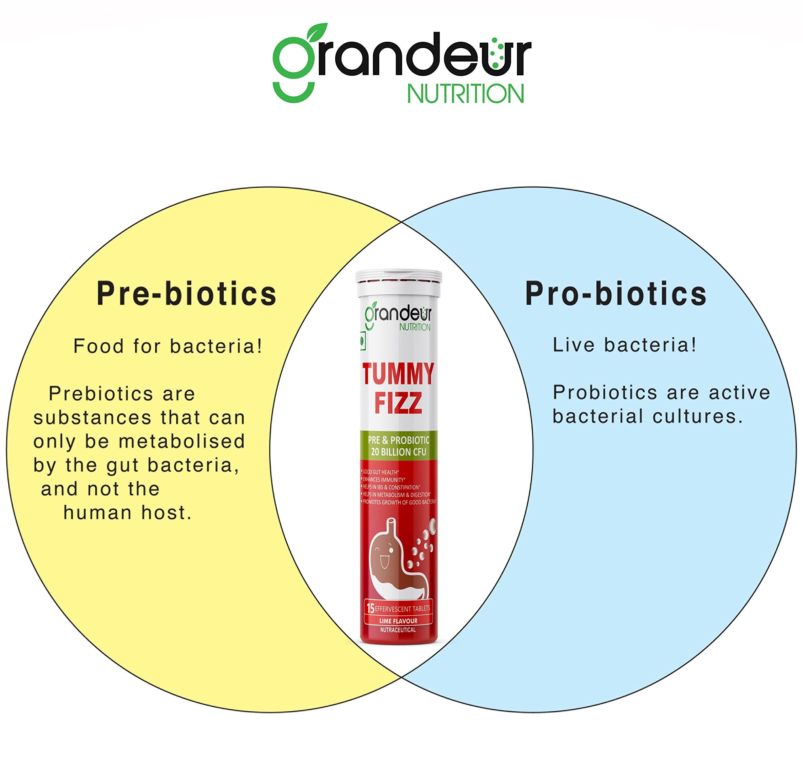 GRANDEUR Grandeur Tummy Fizz Prebiotic And Probiotic Supplement For Gut Health, Digestion, Bloating, Immunity and Metabolism | With 20 Billion CFU & 6 Unique Strains | 15 Effervescent Tabs |