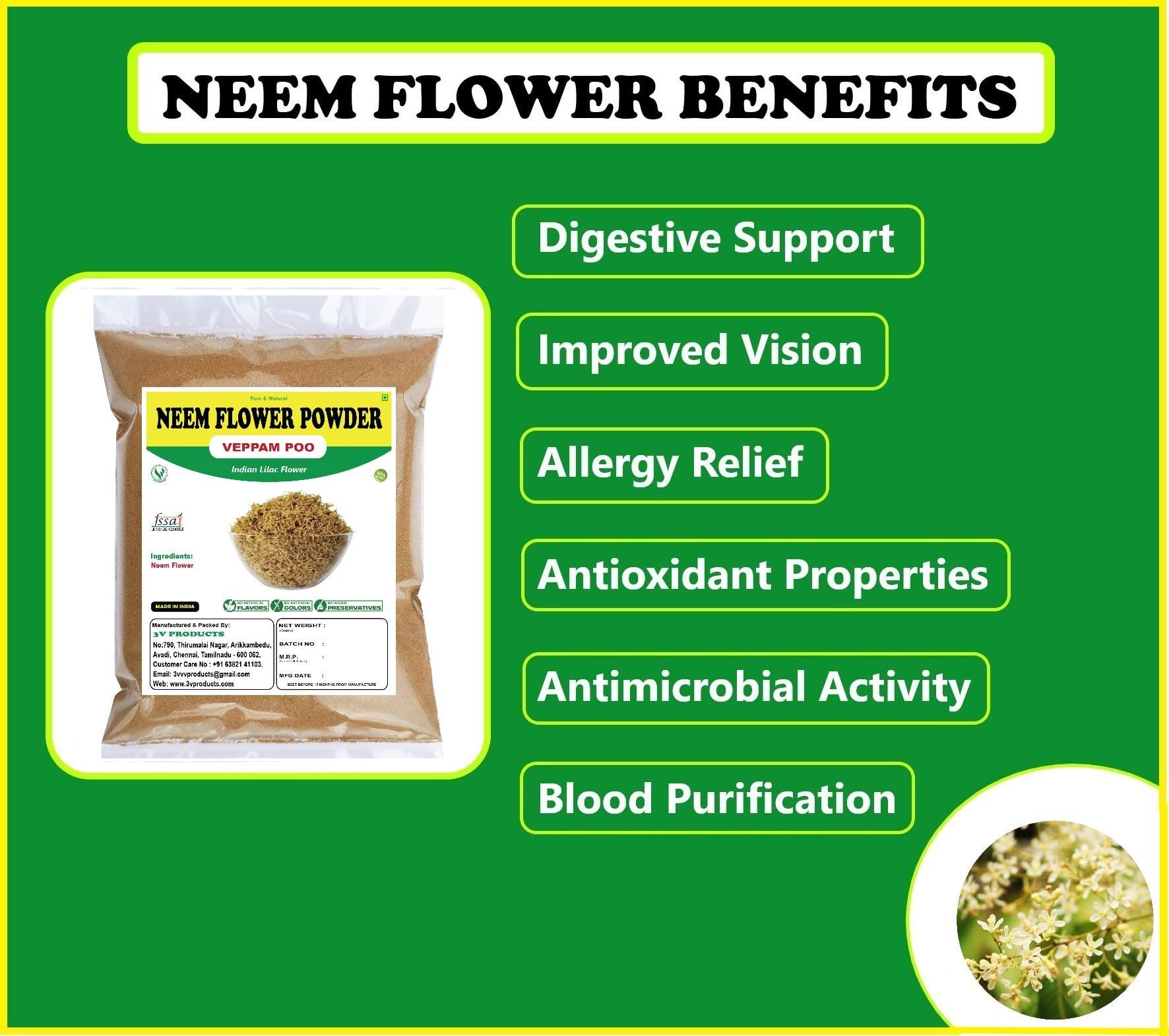 3V PRODUCTS Neem Flower Powder 50g | Veppam Poo | Indian Lilac Flower for Tea, Eating, Skin Care, Hiar Care & Health Benifits