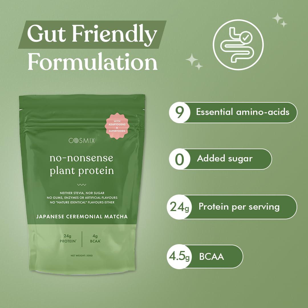 cosmix Cosmix No Nonsense Plant Protein - Organic Pea & Rice Isolate | Gut Friendly Superfoods | Complete Amino Acid Profile | Easy Digestion | 24g Protein/Sachet| Vegan | Matcha (Pack of 6)