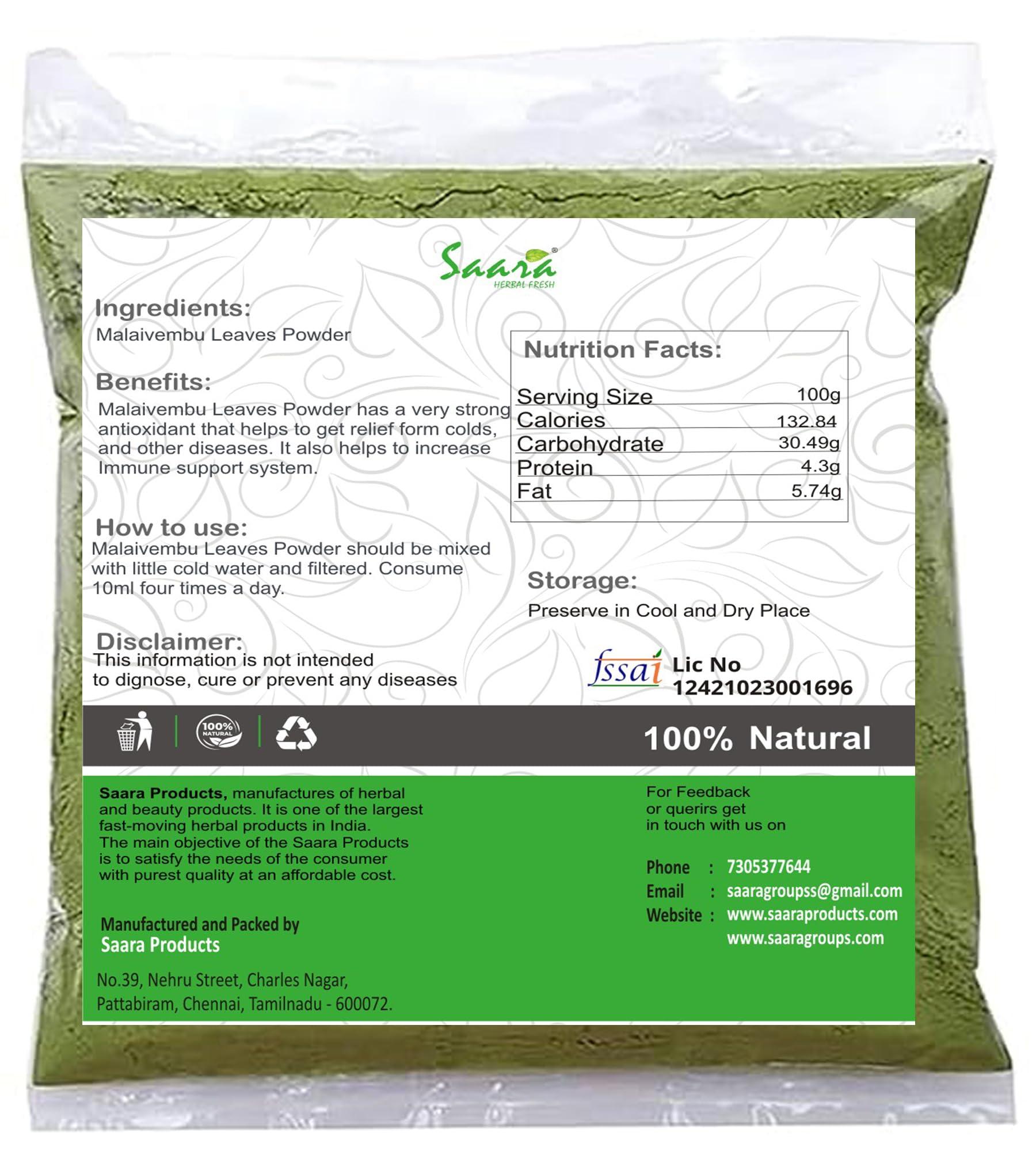 SAARA Saara HERBAL FRESH Malaivembu Leaves Powder, Bakayan, Chinaberry, Melia Azedarach Powder, 800g (Pack of 8 X 100g)