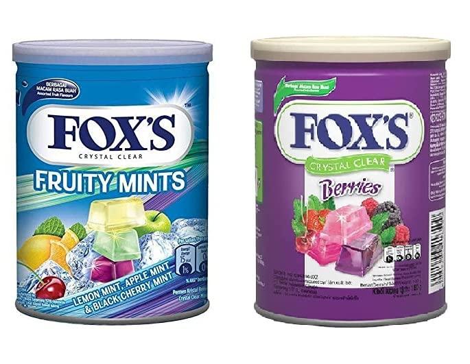 Generic Fox's Candy Crystal Clear Variety Pack Assorted Flavour Berries, Wildberry, Raspberry, Black Cherry, and Fruity Mints, Lemon, Apple, Black Cherry Each Tin Contain 180g Pack Of 2 (Imported)