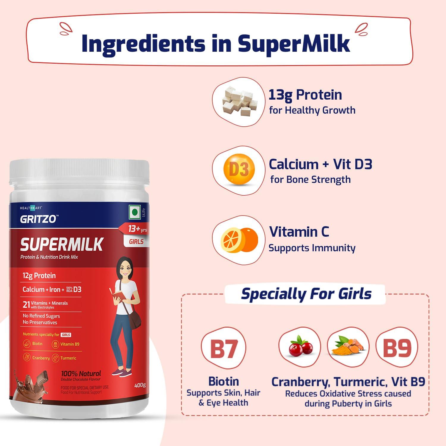 Gritzo Gritzo SuperMilk Overall Growth (13+y Girls), 12g Protein (Double Chocolate, 400g) | Zero Refined Sugar, 21 Vitamins & Minerals