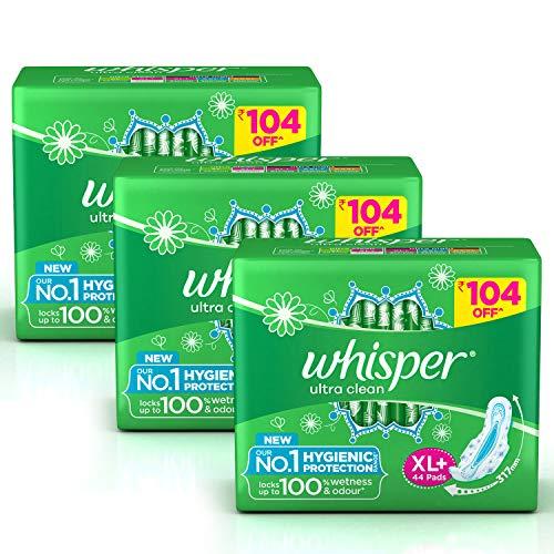 Whisper Whisper Ultra Clean Sanitary Pads for Women, XL+ 44 (Pack Of 3) Napkins