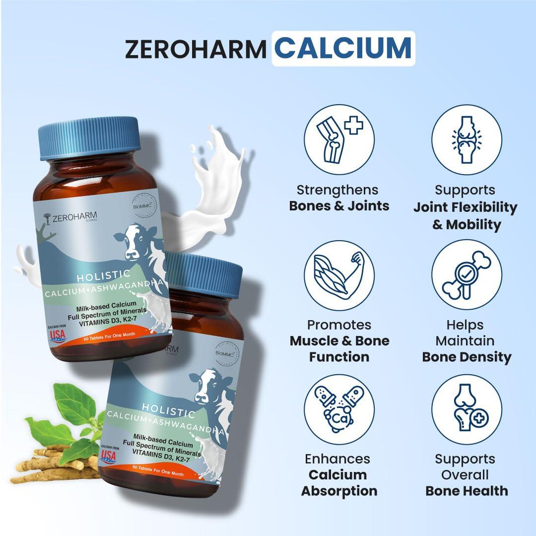 ZEROHARM ZEROHARM Holistic Calcium and Ashwagandha Tablets - For Muscles, Bone and Joint Health - Helps Relieve Stress and Anxiety - 120 Tablets - 700mg