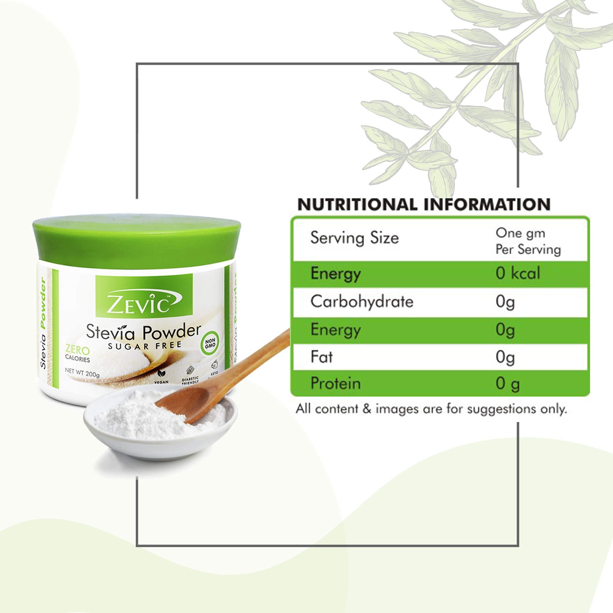 ZEVIC Zevic Stevia Sugar Free Powder | Zero Calories Stevia | Vegan & Keto | 100% Natural Sweetener Powder | Sugar Substitute Natural | Diabetic Friendly - 200g (Pack of 2)