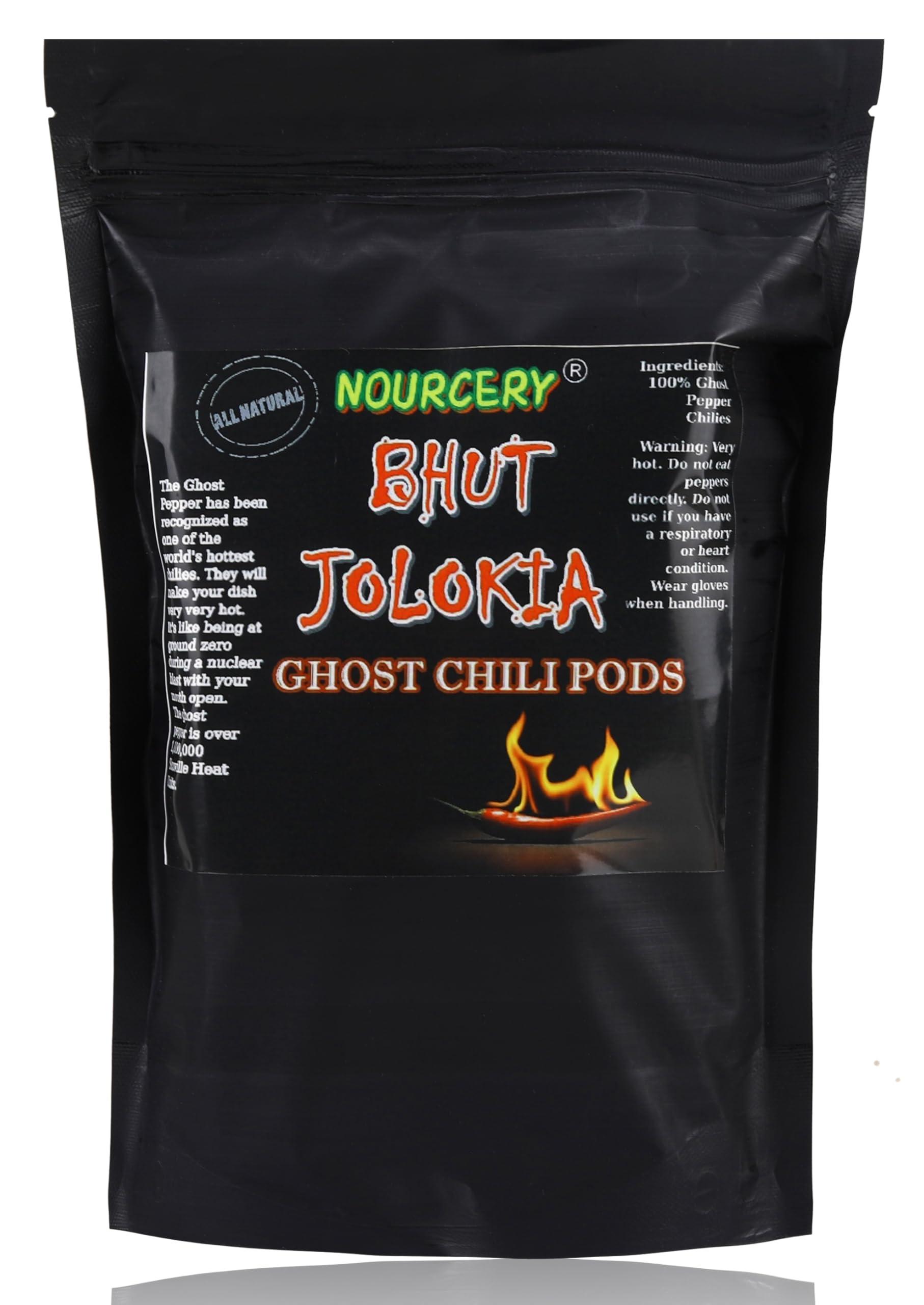 NOURCERY Nourcery Bhut Jolokia Chilli Whole 100 Grams | Ghost Pepper | Naga Chilli | King Chilli | Raja Mirchi | Sundried | Organically Grown | Fire up any dish with a dash of this chilli | Hottest Chilli in India Bhut Jolokia Pods (100gm), Vaccum Packed