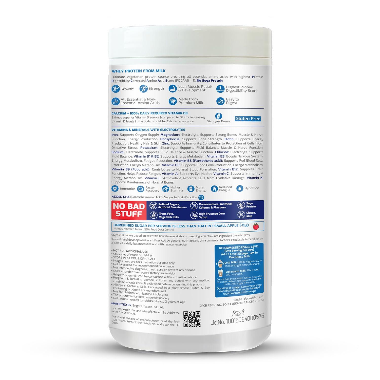 Gritzo Gritzo SuperMilk Overall Growth (2-6y), 6g Protein Powder (Double Chocolate, 400g) | Zero Refined Sugar, 21 Vitamins & Minerals