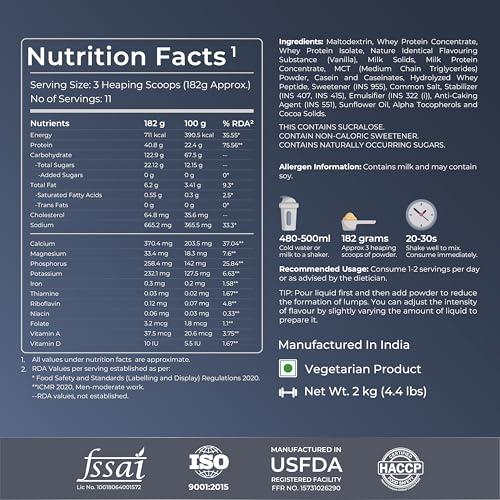 Nutrabay Nutrabay Gold Mega Mass Gainer Powder - 2kg, Vanilla Ice Cream | 100% Veg | 40.8g Protein, 123g Carbs, 711 Calories | Muscle Building & Weight Gainer Supplement for Men & Women