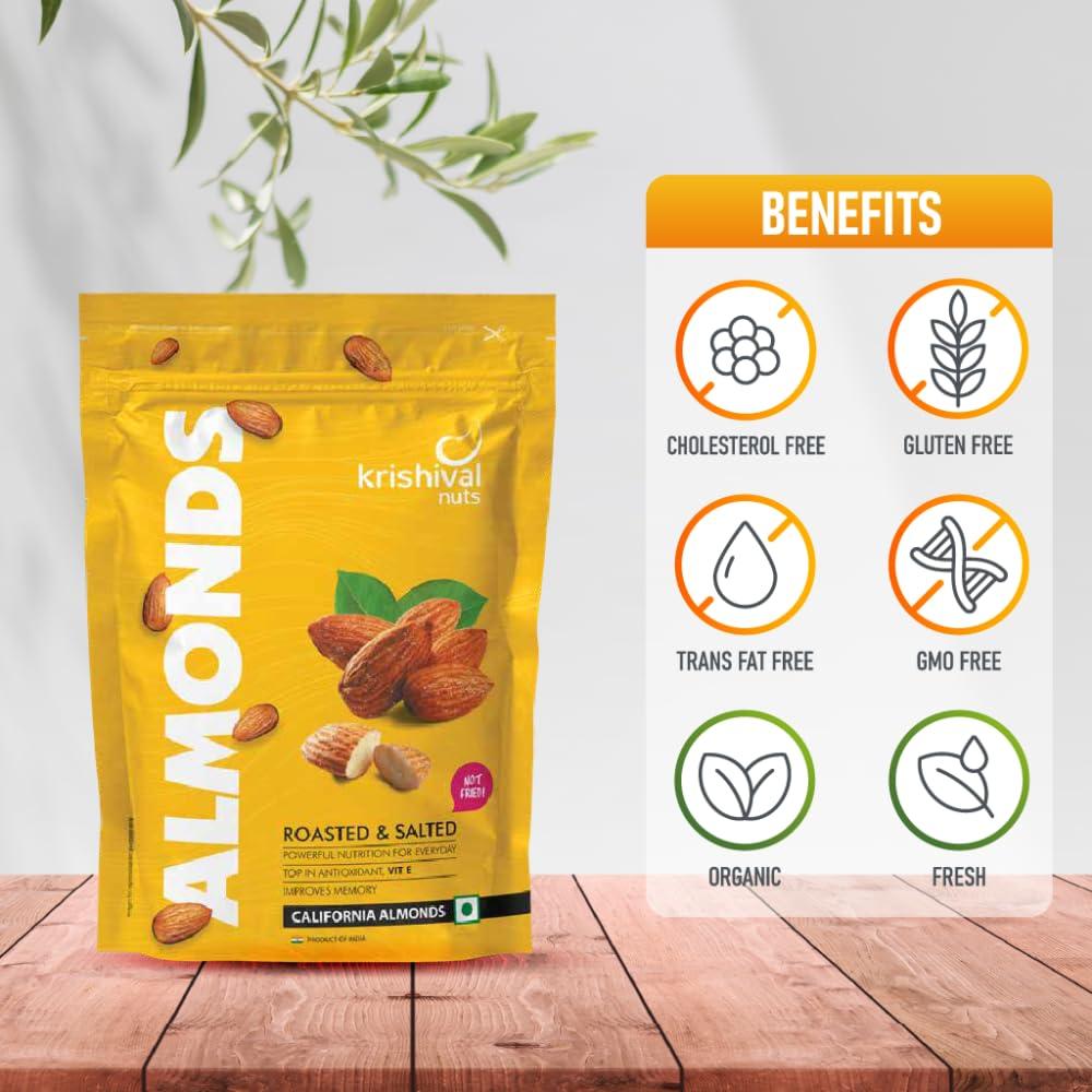 Krishival Nuts Krishival Nuts California Salted Almonds 1 kg (4 packs of 250g each) | Roasted and Salted Almonds | California Almonds | Zero Preservatives