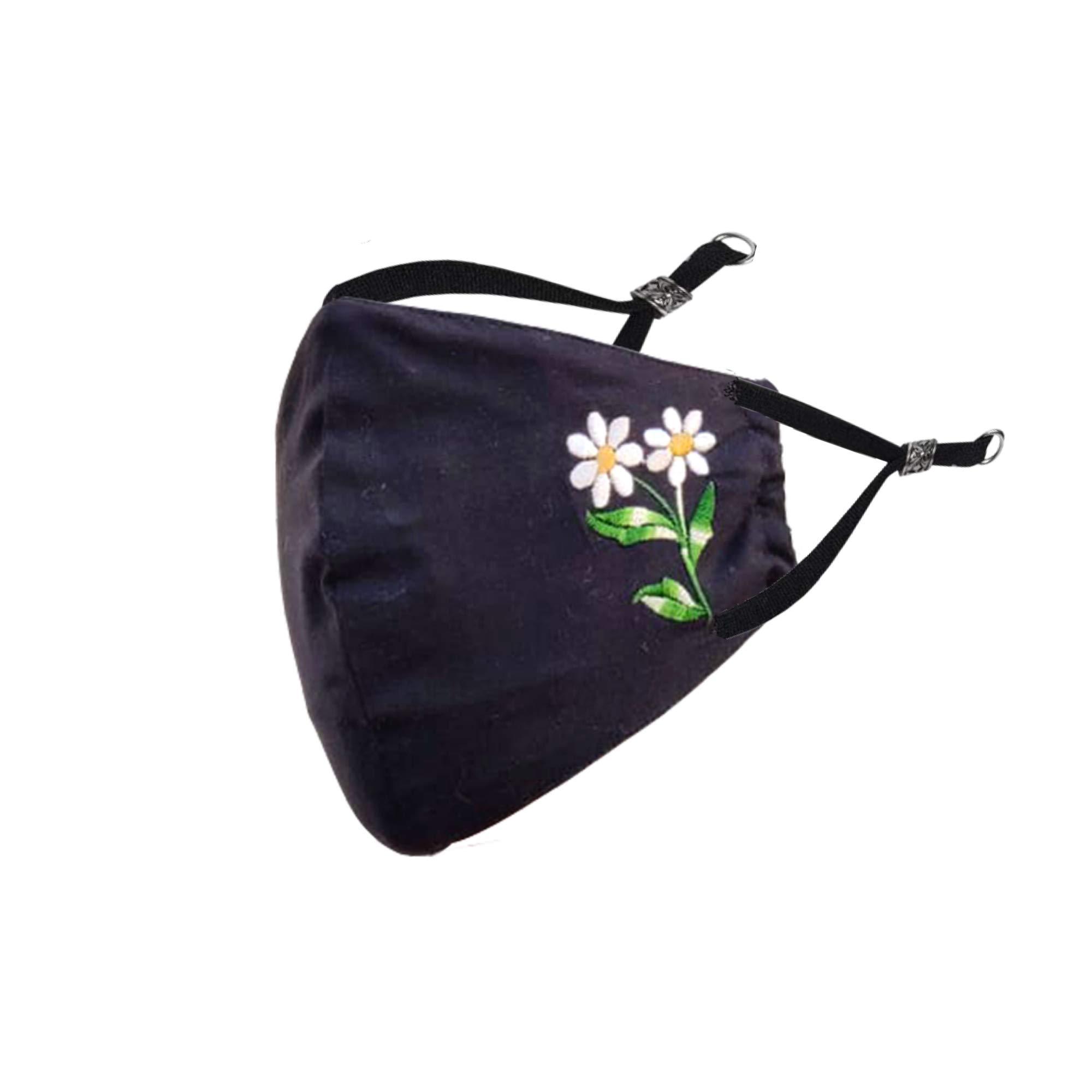 Shaila's Couture Shaila's Couture Embroidered Face Mask, Adjustable Earloops, Washable, Reusable Fabric (Ruby, Black, Charcoal, Without Valve, Pack of 3) for Women