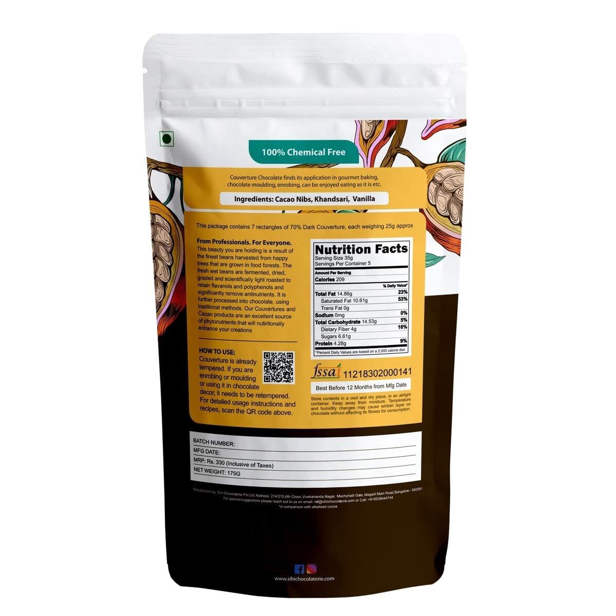 Sihi Chocolaterie Sihi Chocolaterie - 70% Dark Chocolate Couverture, Organic & Non Alkalized|No White Sugar|Smooth & Creamy|Best For Baking Or Eating|High In Antioxidants|Vegan, Plant Based - 150G (Pack Of 1)