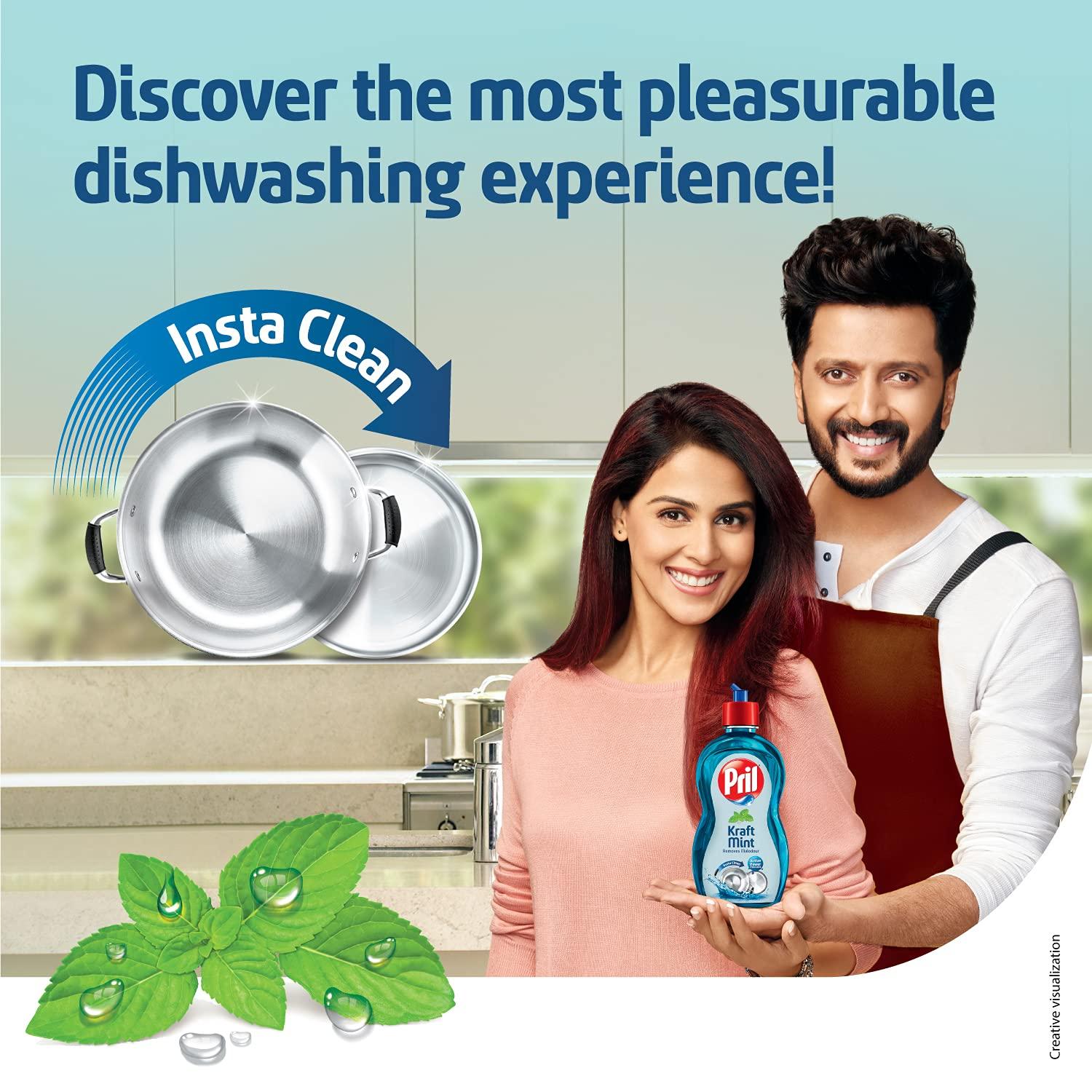 Pril Pril Kraft Mint Liquid Dishwash Gel - 425ml - Malodour Removal Specialist | Insta Clean | Suitable for cleaning Non-Veg Cooked Utensils or Strong Smelling Food was served | Zero White Residue