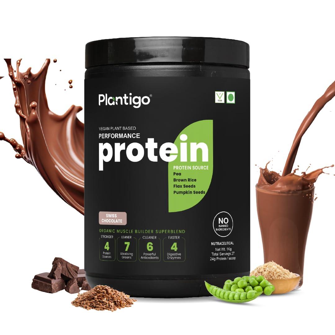 PLANTIGO Plantigo Plant Protein Powder for Men, Women | 24g Clean & Green Vegan Pea Protein Isolate, 4.4g BCAA, 4g Fiber, 2g Leucine, All Amino Acids, 4x Fast Digestion, 95% Absorption, Swiss Chocolate 1kg