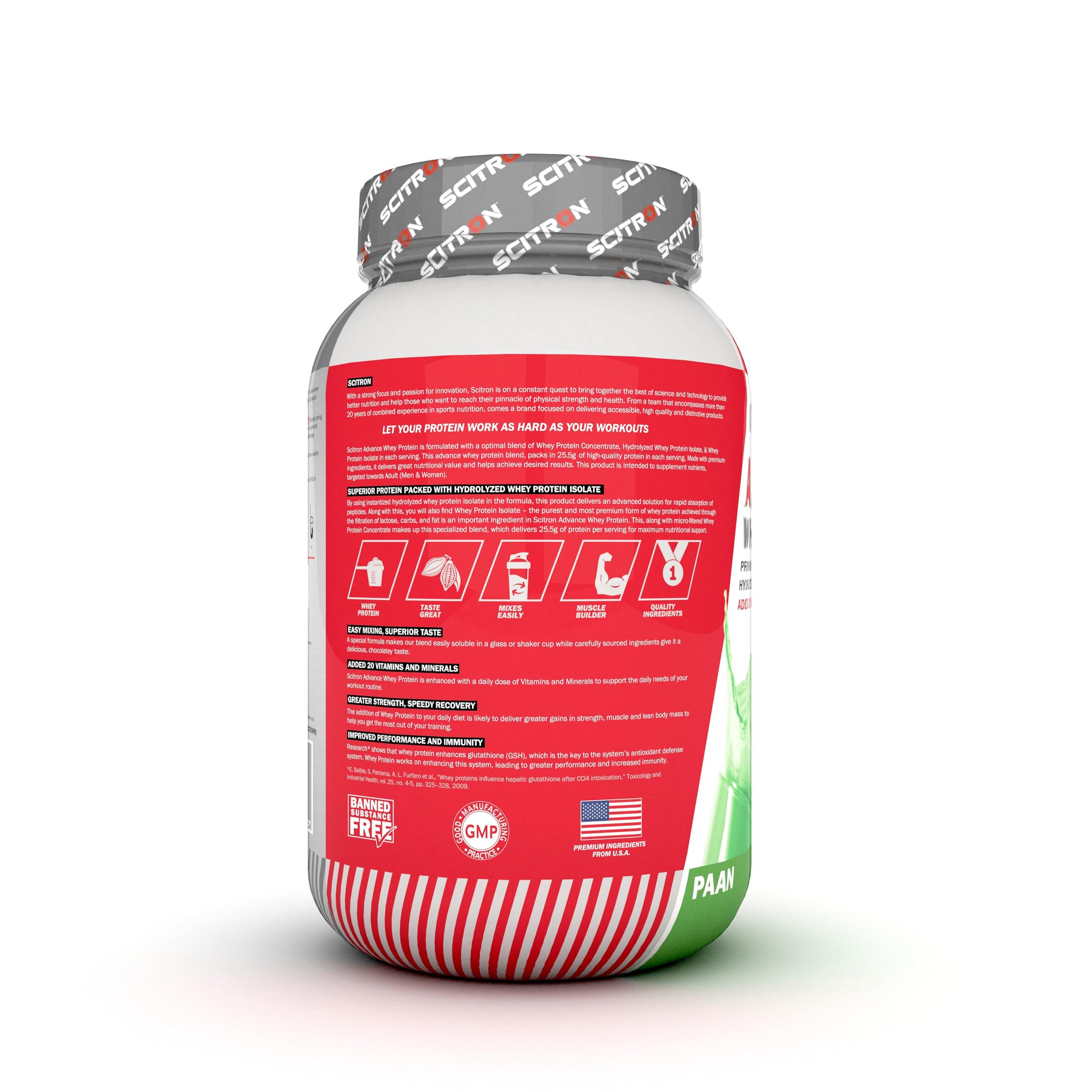 SCITRON Scitron Advance Whey Protein 1Kg Paan (28.5 Servings, 25.5g Protein, 5.5g BCAAs, 0g Sugar, 20 Vitamins & Minerals) Certified by Labdoor, USA | Sourced from Glanbia Nutrition | Certified by Informed Choice