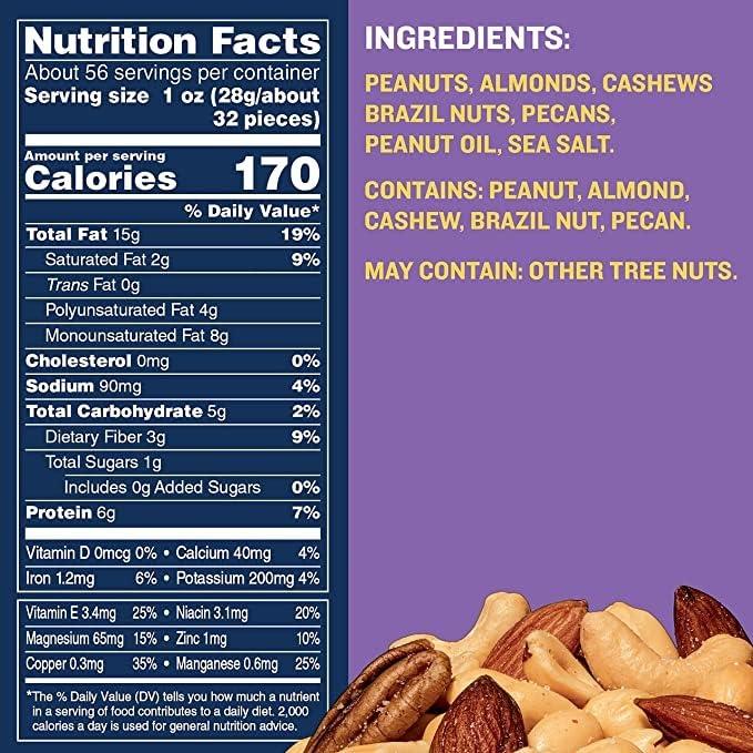 Generic Planters Salted Mixed Nuts, Peanuts, Almond, Cashews, Brazil Nuts & Pecans Less Then 50% Peanuts Healthy Snacks 292g