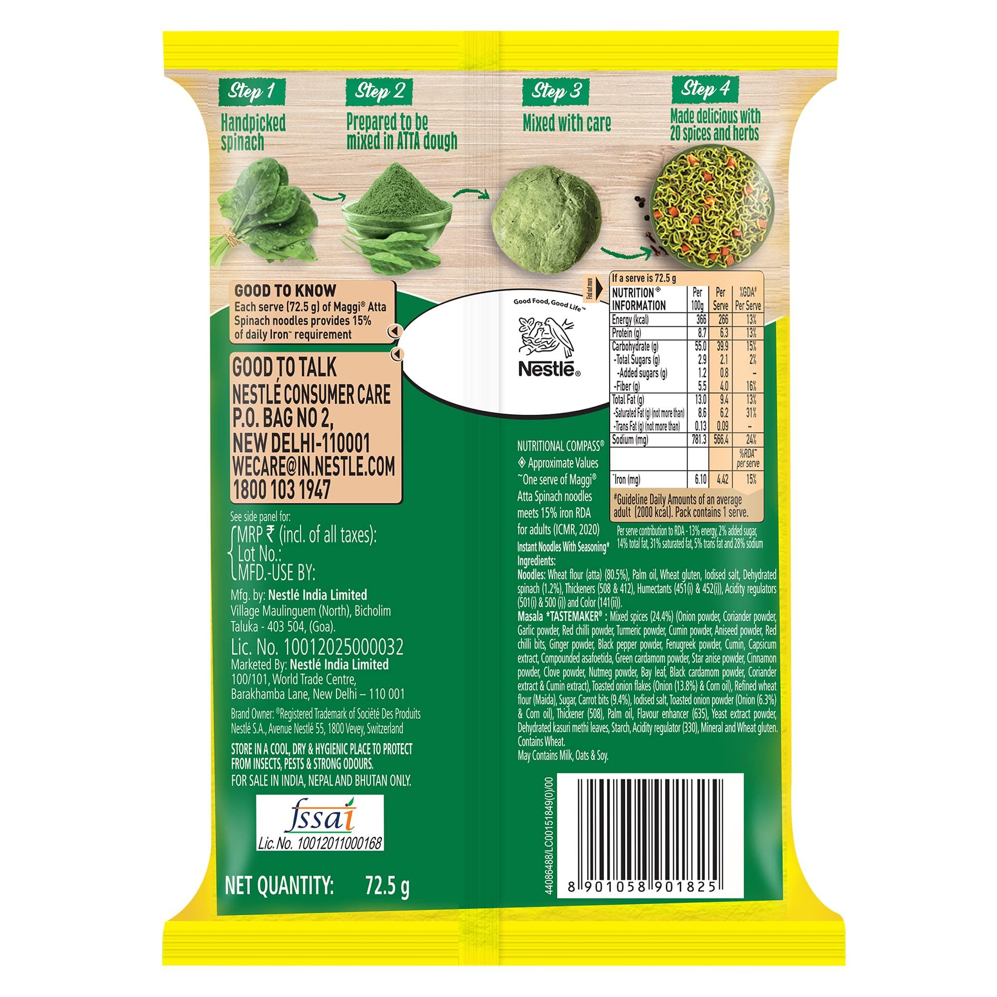 MAGGI MAGGI Nutri-Licious Masala Veg Atta Noodles With Spinach In Every Noodle, 72.5 Grams (Pouch)