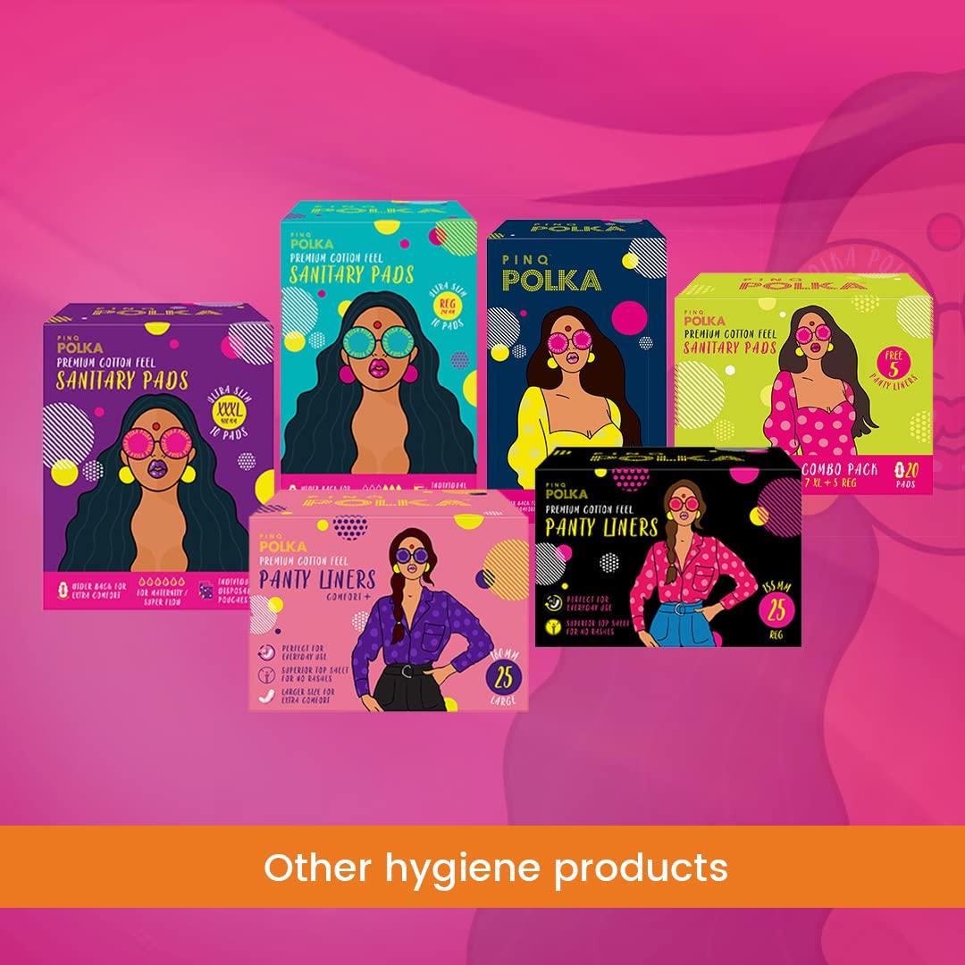 pinq polka PINQ POLKA Premium Sanitary Pads(XXL-330mm) with 25 (Large-180mm) Pantyliners for Discharge, Organic Cotton Soft Feel|Rash Free|Ultra Thin for Night & Heavy Flow Combo with Disposable Pouch, 35 Pieces