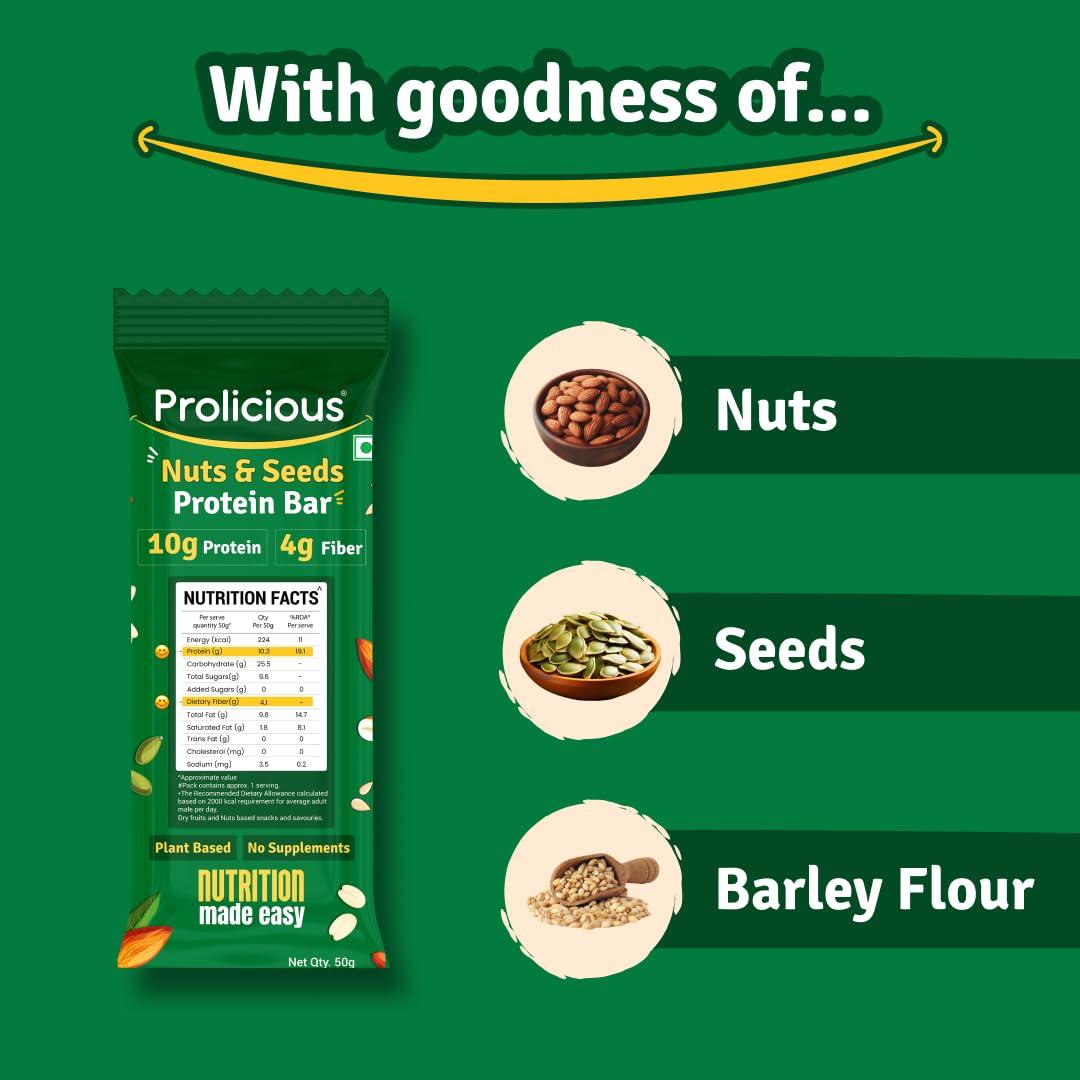 Prolicious Prolicious Nuts & Seeds Bar | 10 grams Protein & 4 grams Fiber | No Refined Sugar | Plant Based | Natural Ingredients | Pack of 6, 50 grams each