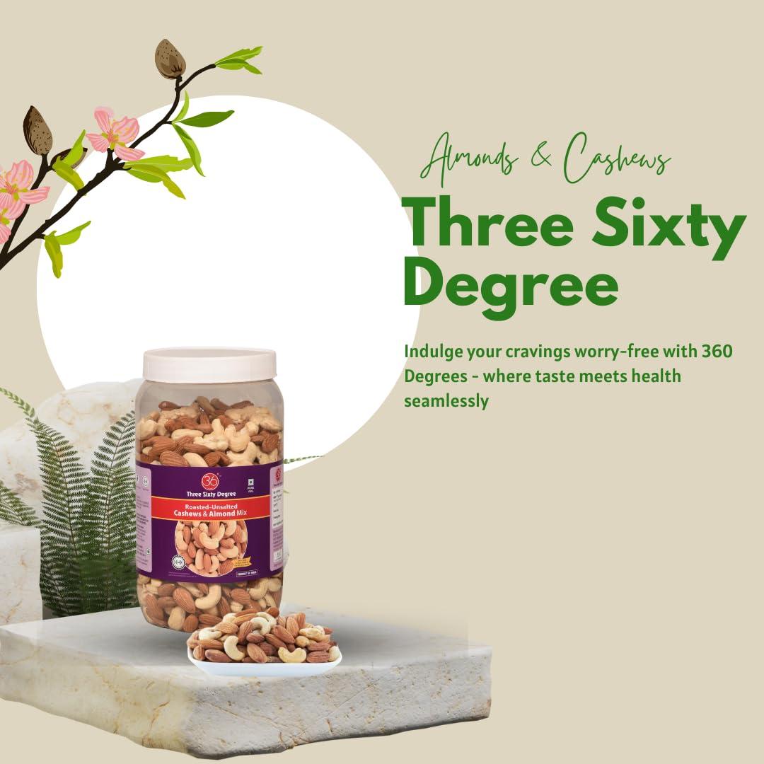 360 Three Sixty Degree 360 Roasted Whole Unsalted Cashew Almond Mix | Jumbo Jar 950 Grams | Crunchy Badam, Crunchy Kaju | High Protein, Nutritious, Super Tasty Snack