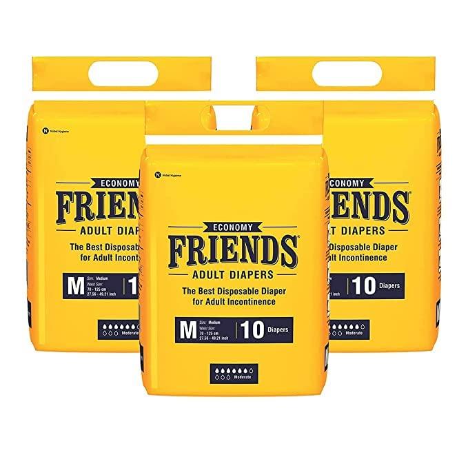 Generic Friends Economy Adult Diapers Tape Style - 30 Count (Medium) with odour lock and Anti-Bacterial Absorbent Core- Waist Size 27.56-49.21 Inch; 70-125Cm (pack of 3) Sold by MS TRADERS