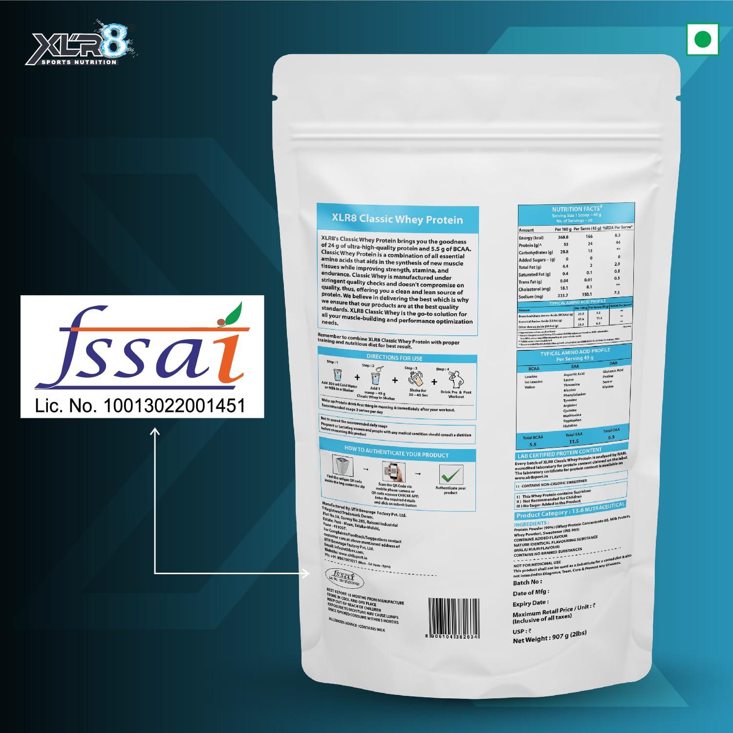 XLR8 XLR8 Classic Whey Protein Powder, 24 g Protein, 5.5 BCAA, No Maltodextrin (907 g (Pack of 1), Malai Kulfi)