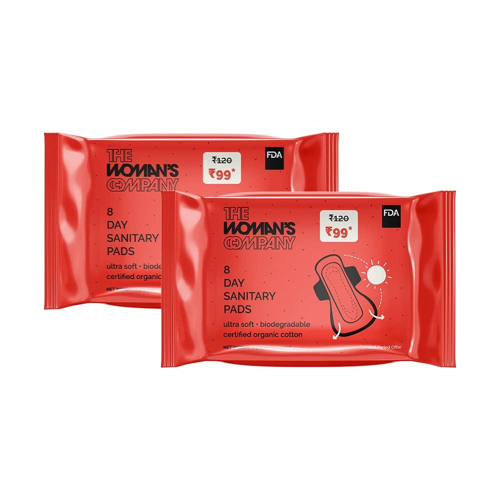 THE WOMAN'S COMPANY The Woman's Company Day Sanitary Pads for Women Value Pack of 16 | Organic Cotton Napkins Antibacterial, Biodegradable & Rash-Proof Pad for Regular Flow