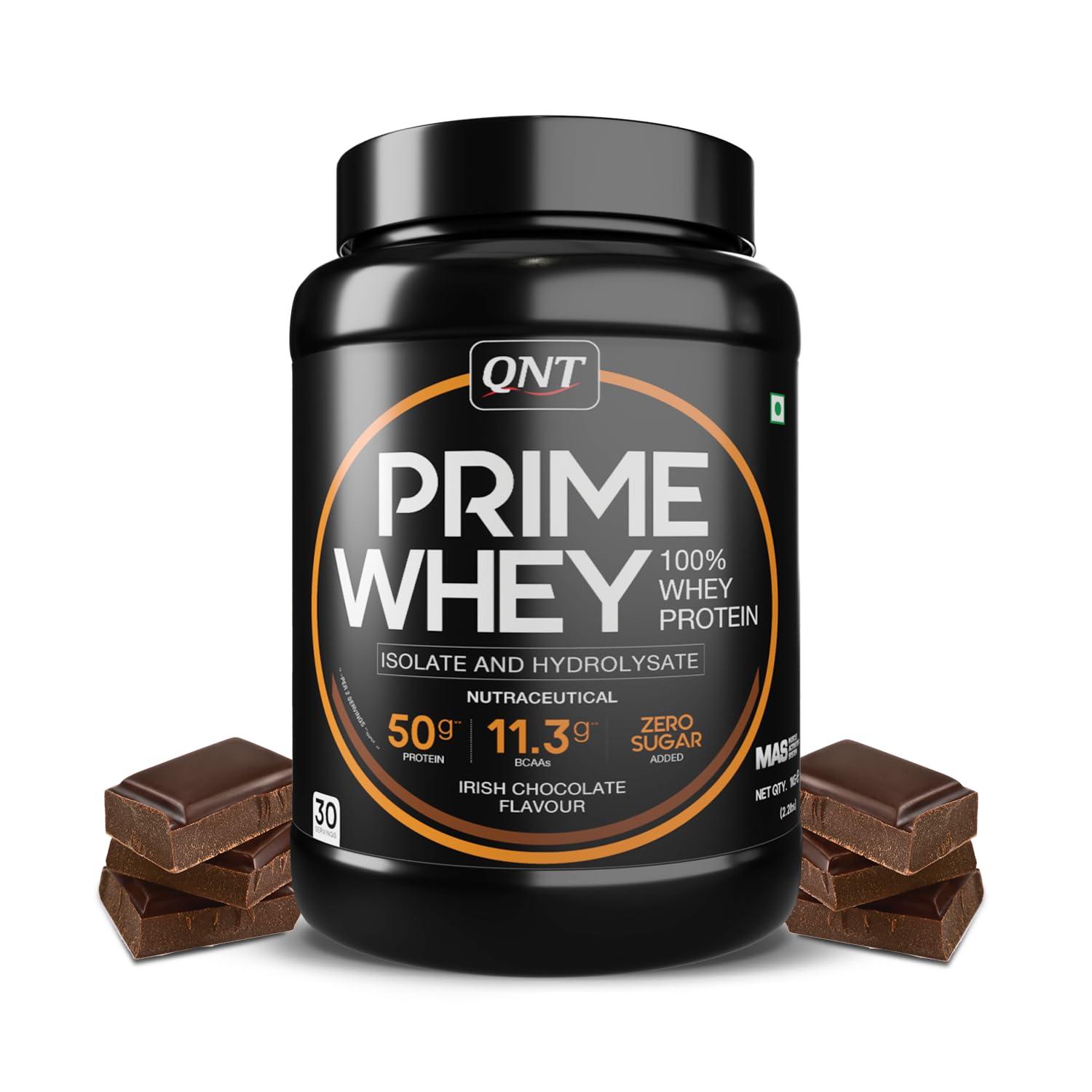 QNT QNT Prime Whey Protein Powder | Irish Chocolate, 1 Kg | Triple Blend of Whey Isolate, Concentrate & Hydrolysate | 25g Protein, 5.6g BCAA per Scoop | Best Whey Protein Powder for Men & Women