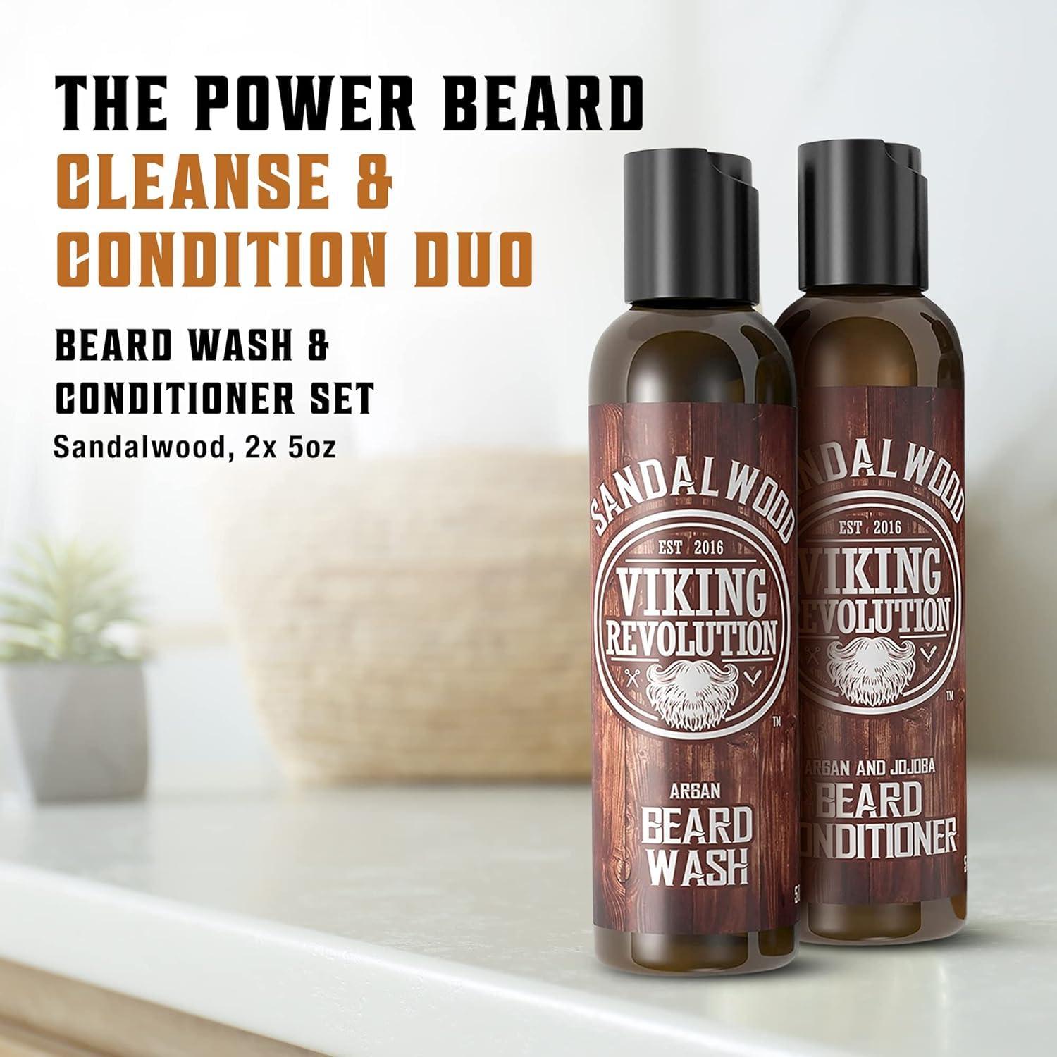 Viking Revolution Viking Revolution - Beard Wash & Beard Conditioner - 150 ml x 2 - Argan & Jojoba Oil - Softens & Strengthens - Beard Shampoo & Conditioner - Sandalwood