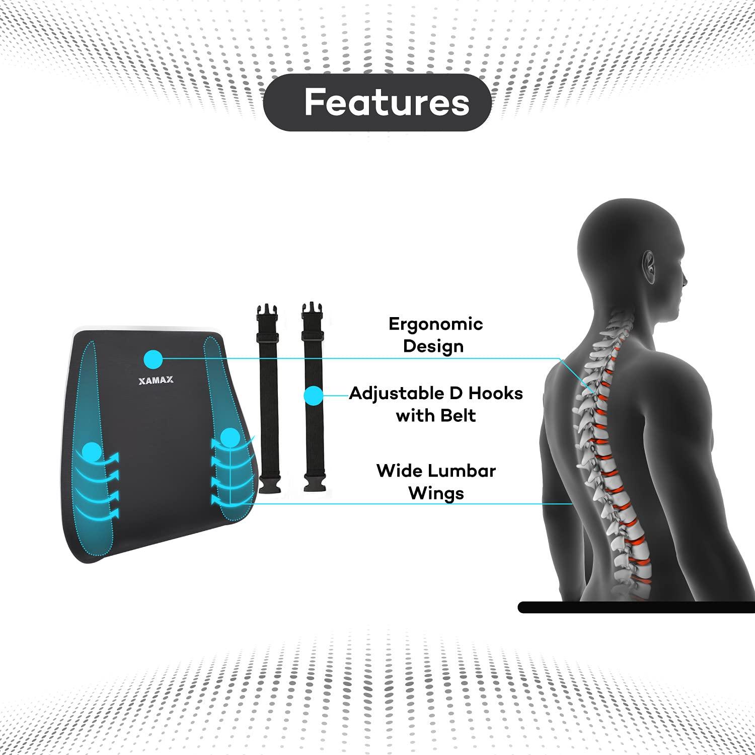 XAMAX XAMAX Foam Amron Backrest Pro F Lumbar Support Pillow Back Cushion Orthopedic For Car Seat | Office Chair | Full Back Support - Grey