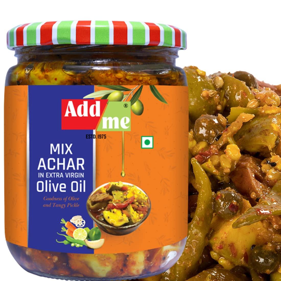 Add me Add me Mango Pickle 500 gm, Mixed Pickles 500 gm, Green Chilli Pickles 500 gm and Aam Nimbu Mirch Achar 500 gm All in Extra Virgin Olive Oil, Total 2 Kg -4 in 1 Pickle Combo Pack